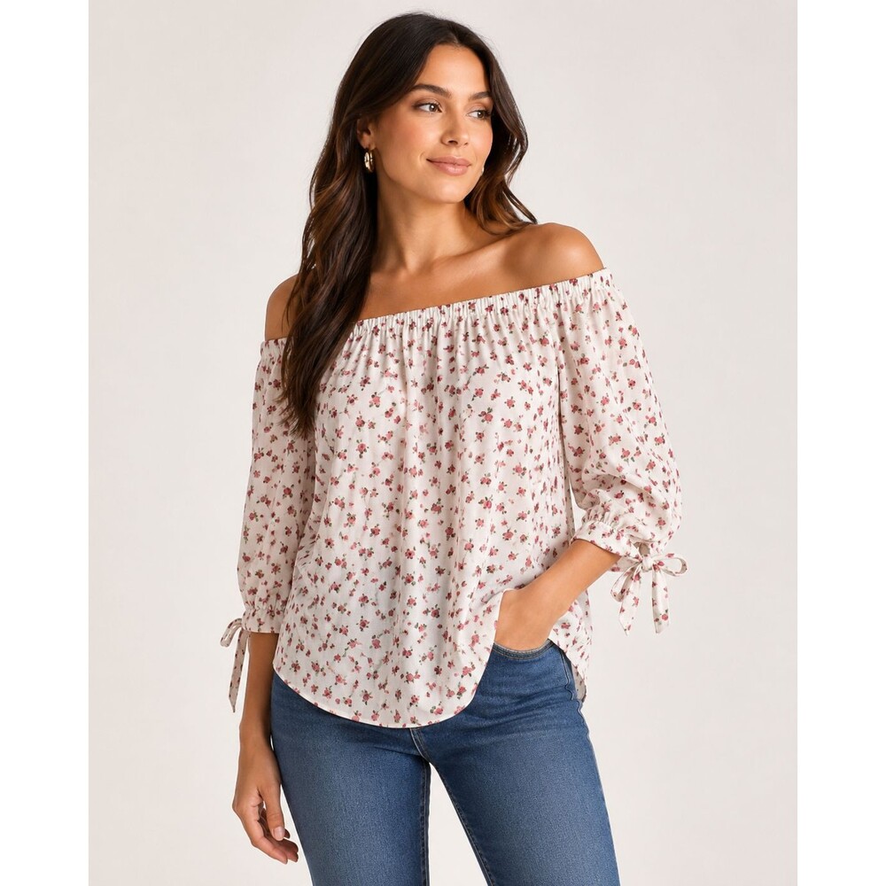 By&By  Women’s Off Shoulder Floral Blouse White Pink 3/4 Tie Sleeve Size S